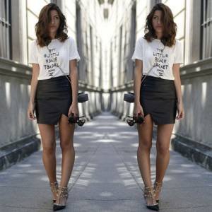 T-Shirt com Saia de Couro