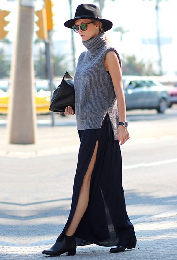 sleeveless-tricot-grey-long-black-skirt-street-style