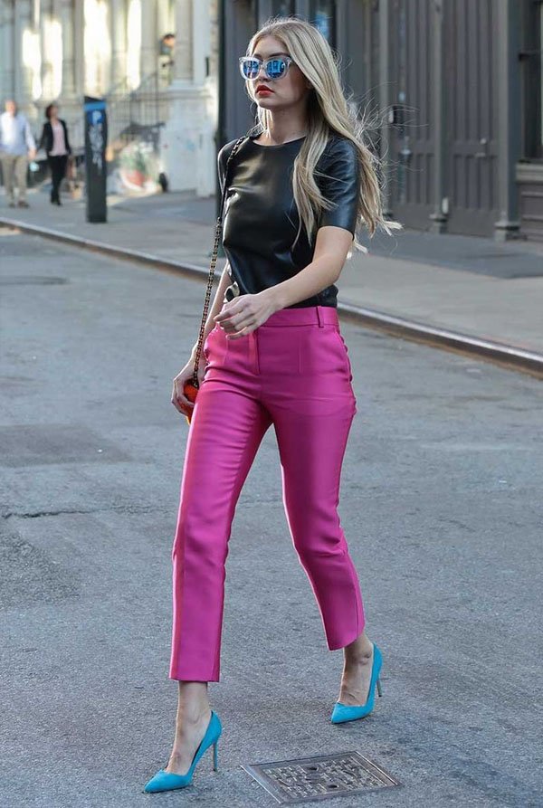 gigi-hadid-pink-pants-leather-top-street-style