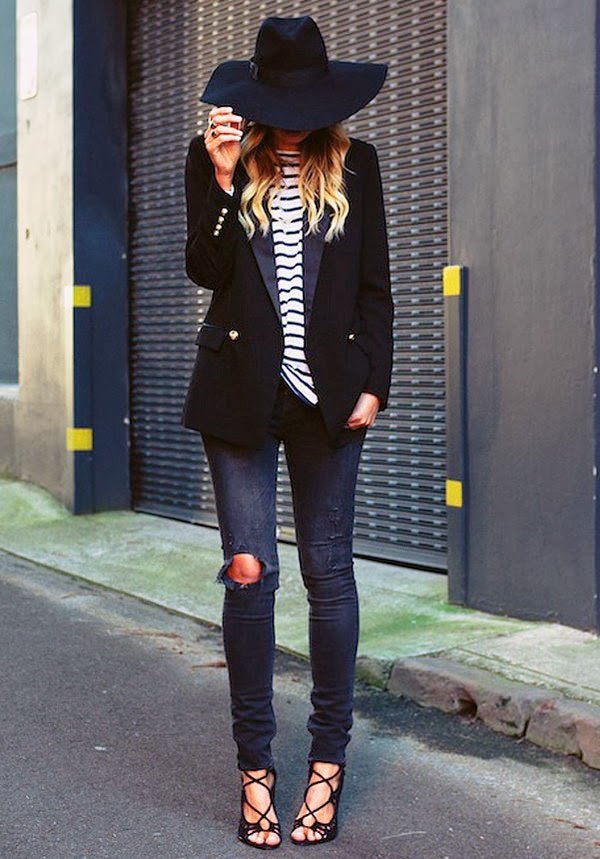 lace-up-heels-street-style-hat-stripes-shirt-blazer
