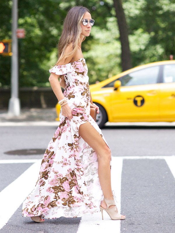 maxi-floral-off-the-shoulder-dress-heels-street-style