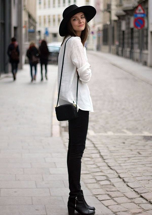 street-style-boots-black-pants-white-blouse-hat