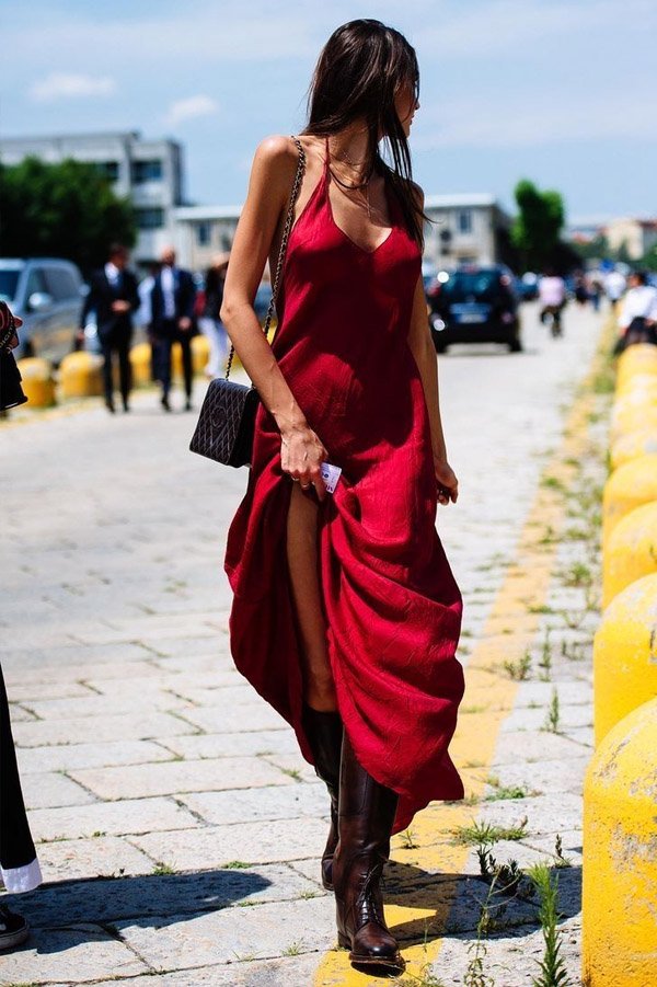 street-style-red-long-dress-boots-brown