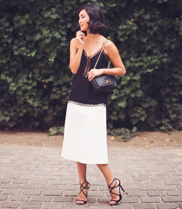 black-blouse-midi-white-midi-skirt