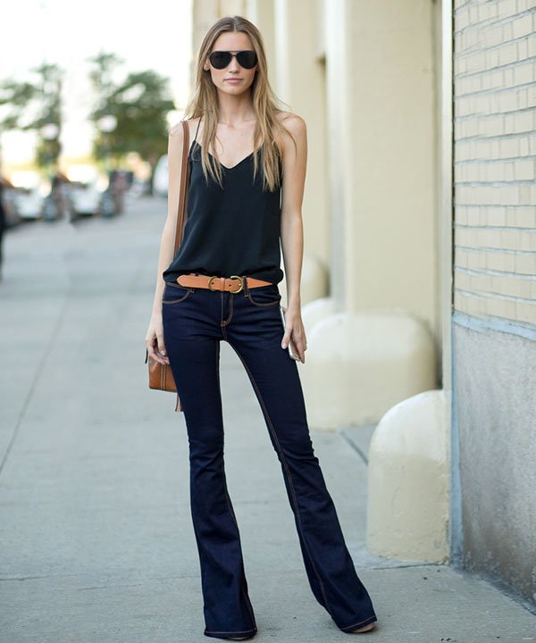 denim-flare-street-style-black-blouse-heels