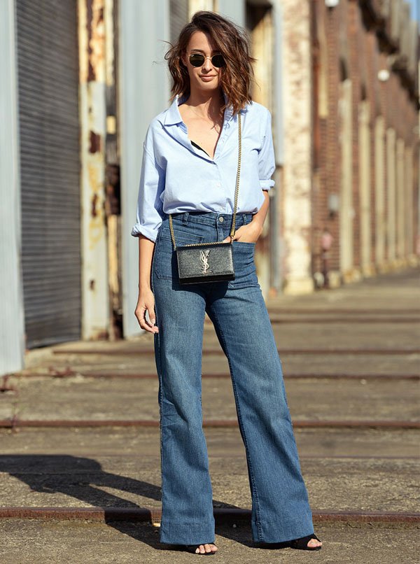 flare-pants-street-style-blue-shirt-black-purse