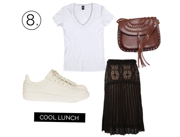 midi-skirt-t-shirt-white-sneaker-brown-bag