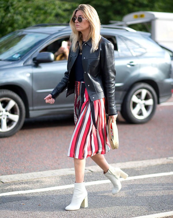 street-style-lfw-red-skirt-leather-jacket-white-boots