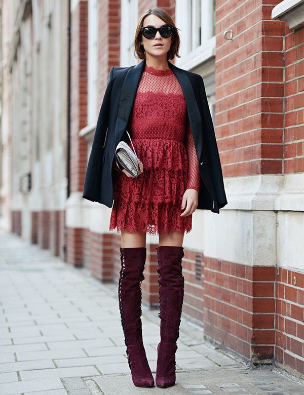 street-style-otk-boots-lace-red-dress-blazer-bob-hair