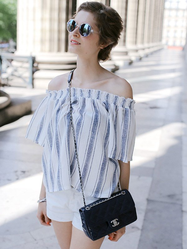 striped-blouse-off-the-shoulder-chanel-bag-white-shorts
