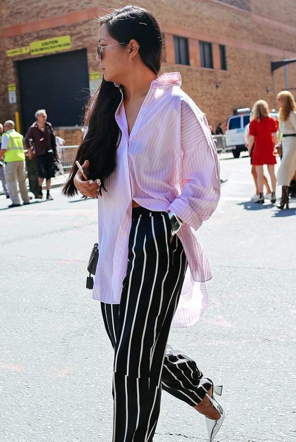 striped-pants-shirt-silver-shoes-street-style