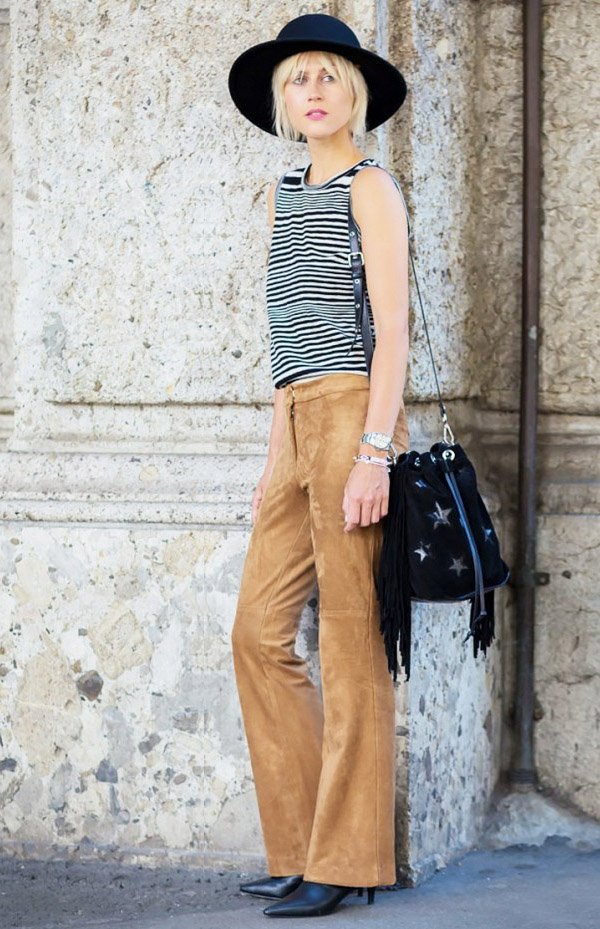 suede-flare-pants-street-style-striped-top-hat