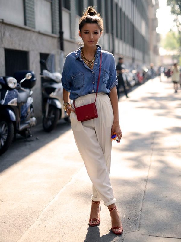 look-calca-cintura-alta-camisa-jeans-street-style