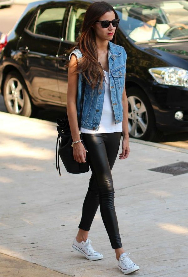 look street style colete jeans calça legging preta