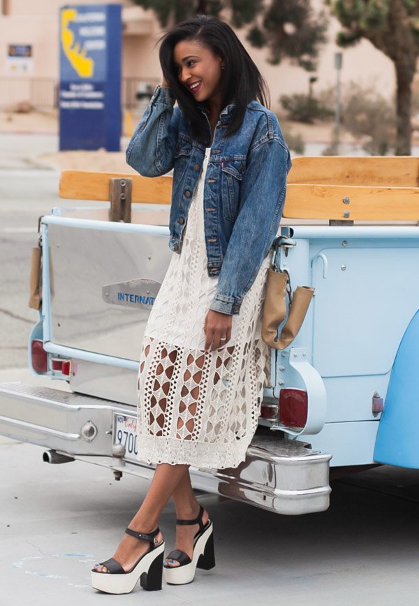 Street Style Vestido de Renda Jaqueta Jeans