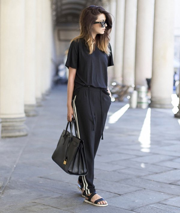 calça pantalona blusa preta street style