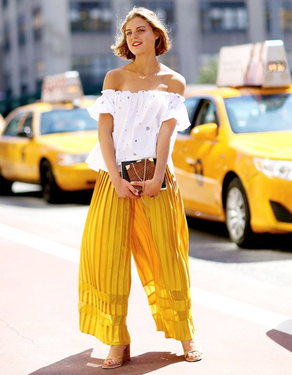 Street Style Calça Pantalona Amarela