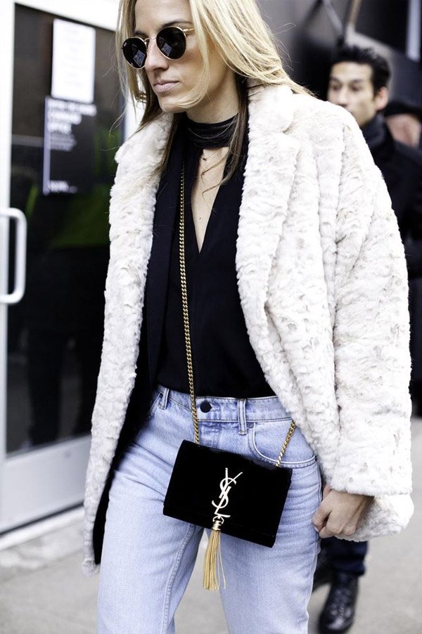 Street Style Fur Coat Choker Blouse