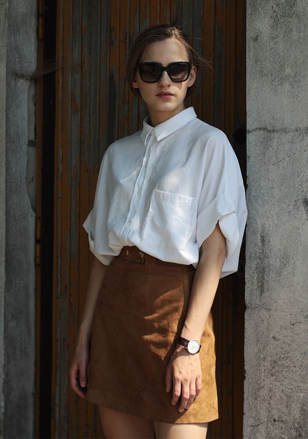 look suede skirt white shirt