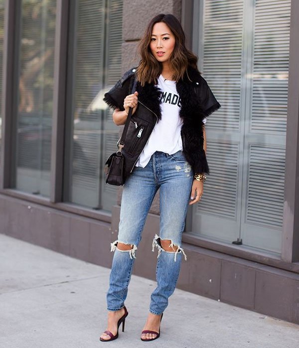 Aimee Song look destroyed jeans t-shirt
