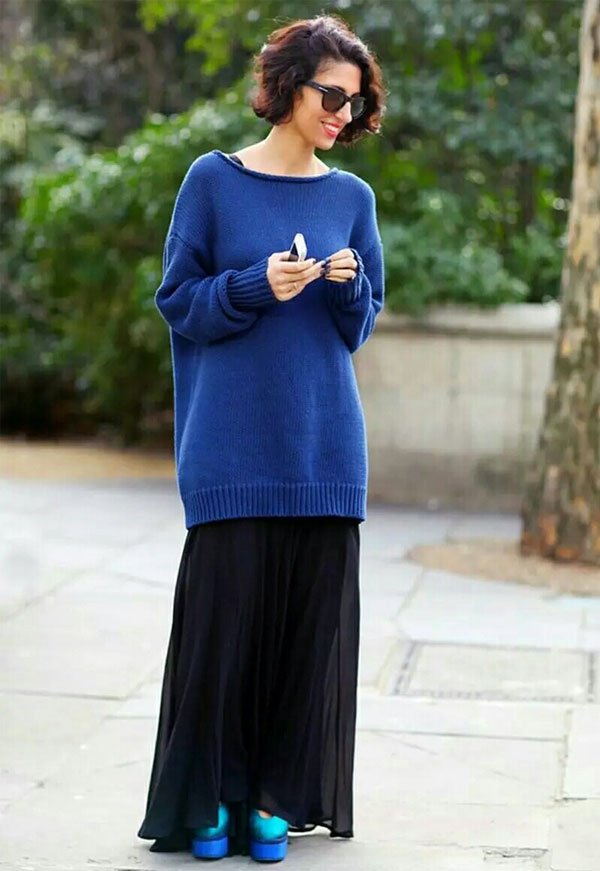 look all blue long dress over sweater