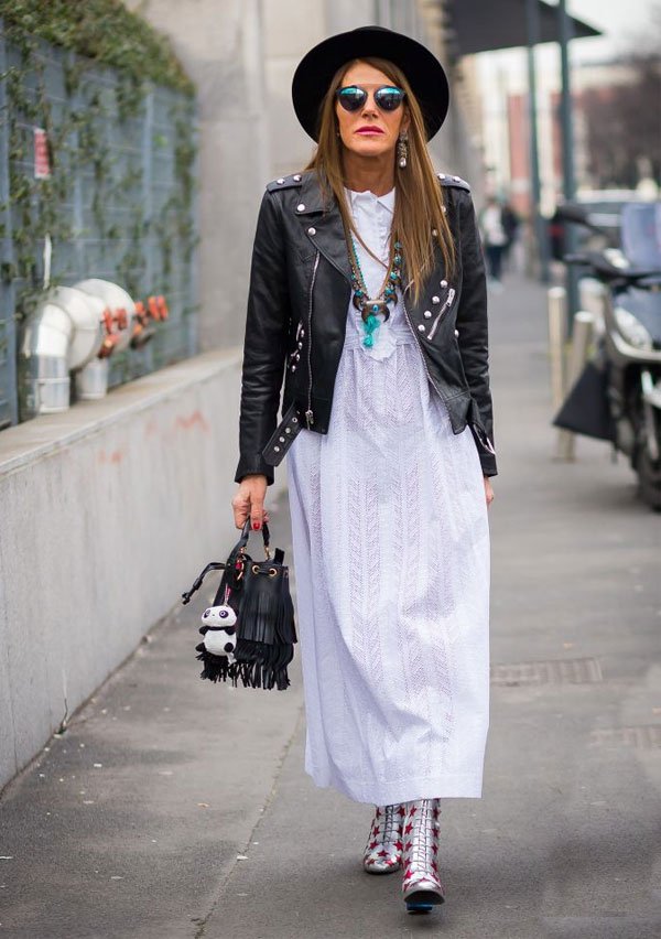 anna dello russo white long dress leather jacket street style