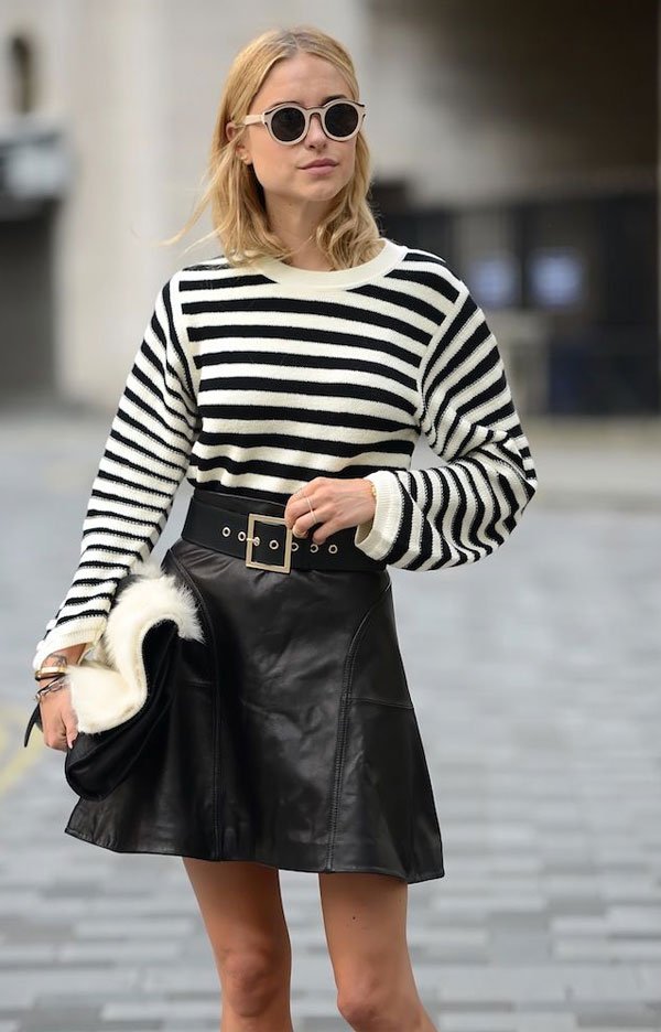 black leather skirt striped sweater street style