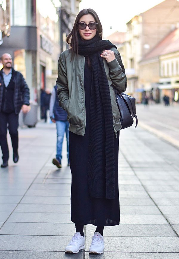 black long dress black scarf bomber jacket street style