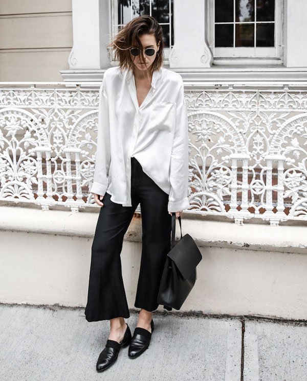 black pantacourt white shirt street style