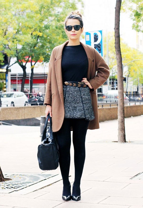 black top tweed skirt street style