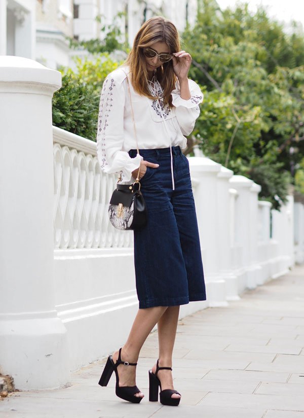 denim culotte white blouse street style