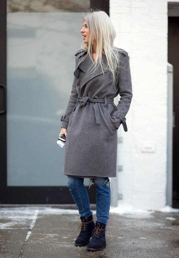 denim pants grey over coat street style