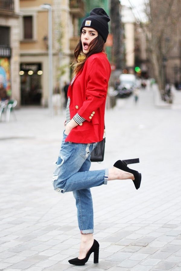 destroyed jeans stripes top red blazer street style
