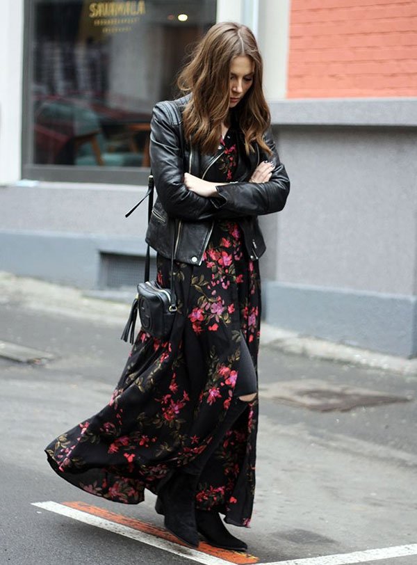 floral long dress leather jacket street style