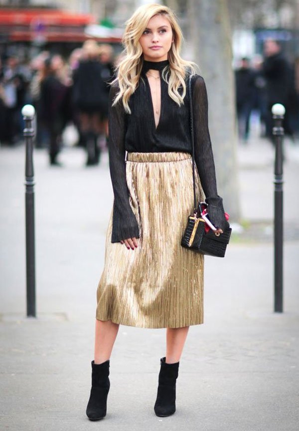 gold skirt black blouse look