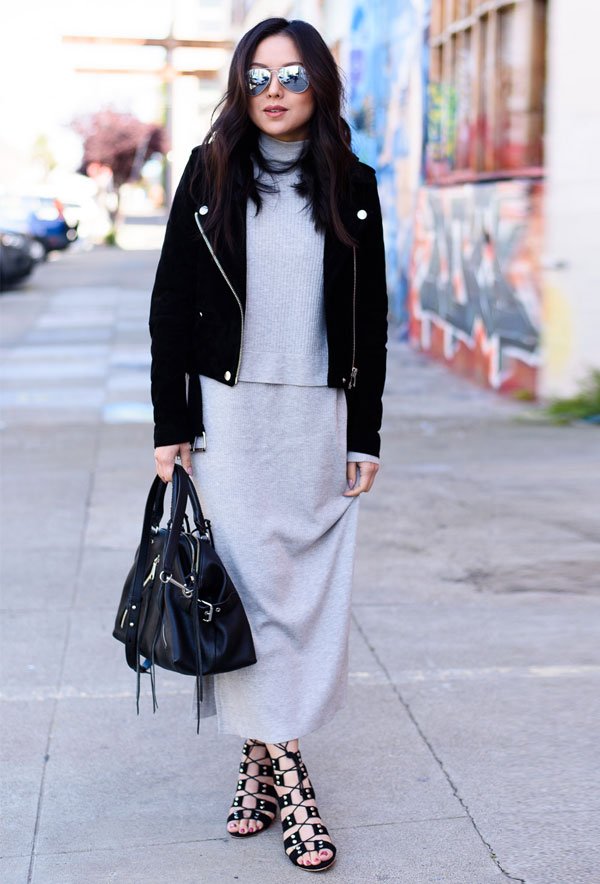 grey long turtleneck dress leather jacket street style