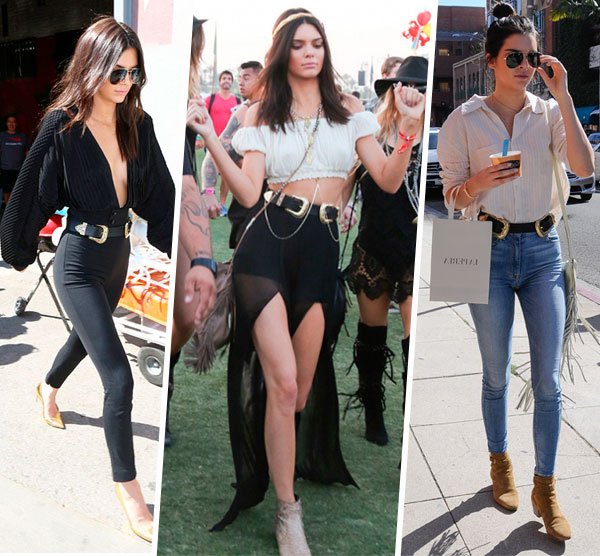 Kendall Jenner street style look com cinto duas fivelas.