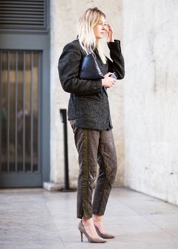 leather pants tweed coat street style