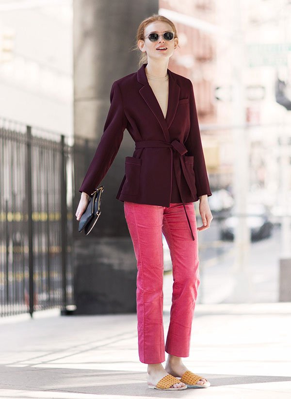 look denim red pants burgundy coat