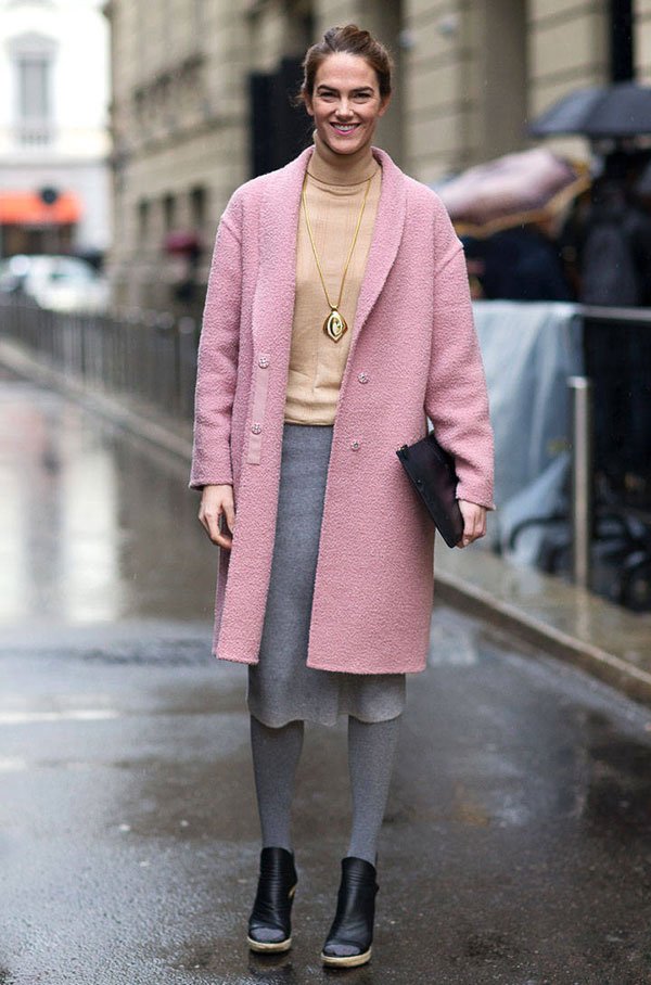 look grey skirt pink coat