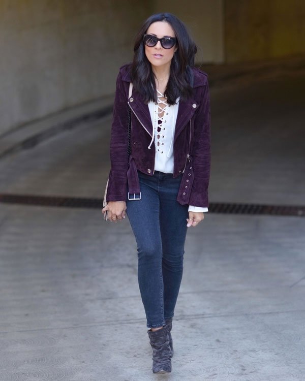 lucy whims denim pants violet coat street style