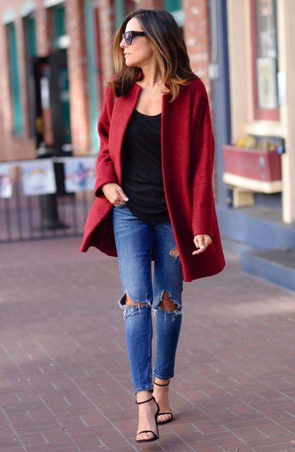 lucy whims destroyed jeans red coat street style