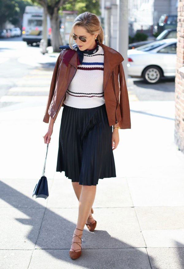 mary orton striped sweater midi skirt leather jacket street style