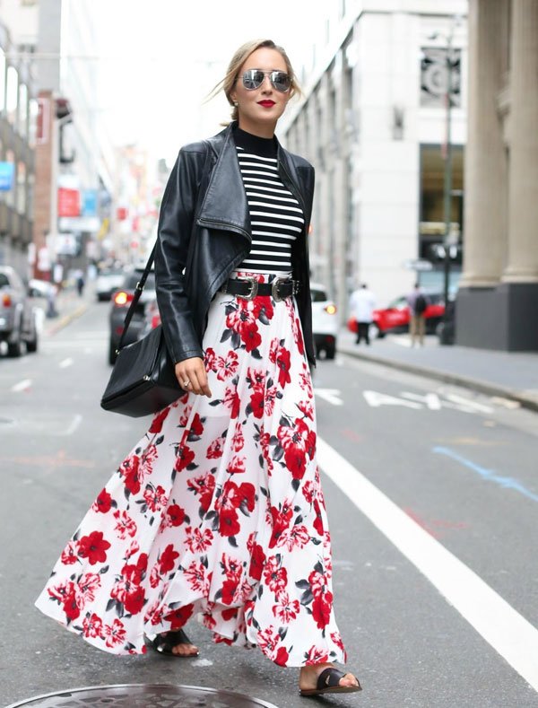 mary orton stripes turtleneck blouse floral skirt leather jacket street style