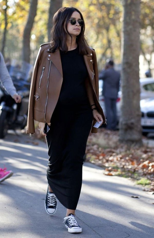 miroslava duma long black dress brown leather jacket street style
