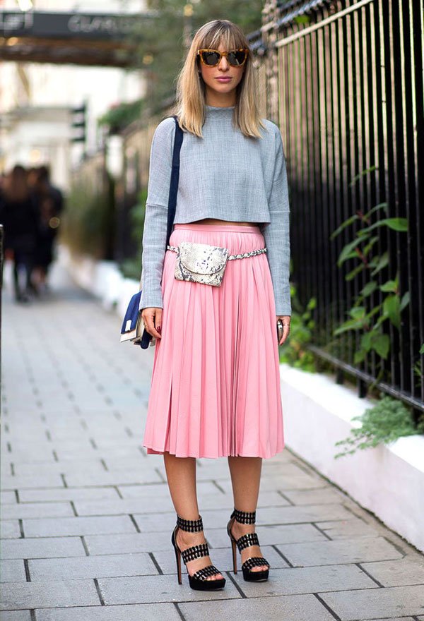 pink midi skirt grey blouse