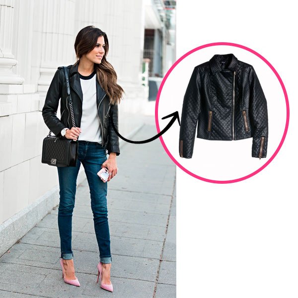 Street style look com jaqueta de couro preta salto rosa e tshirt