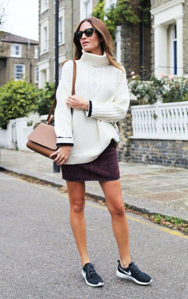 white turtleneck tweed skirt street style
