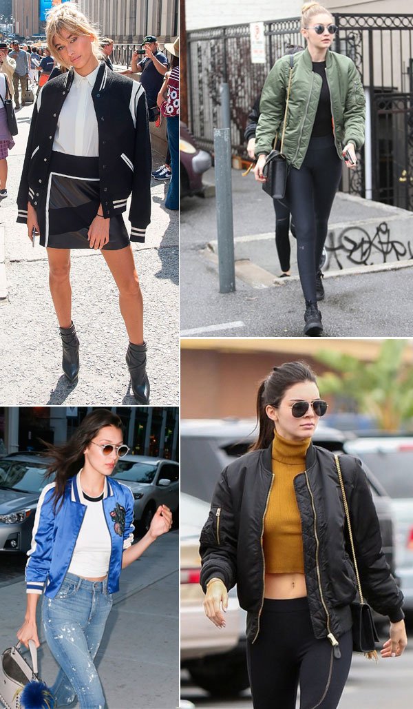 Street style look Kendall Jenner, Gigi e Bella Hadid, Hailay Baldwin usando bomber jacket.