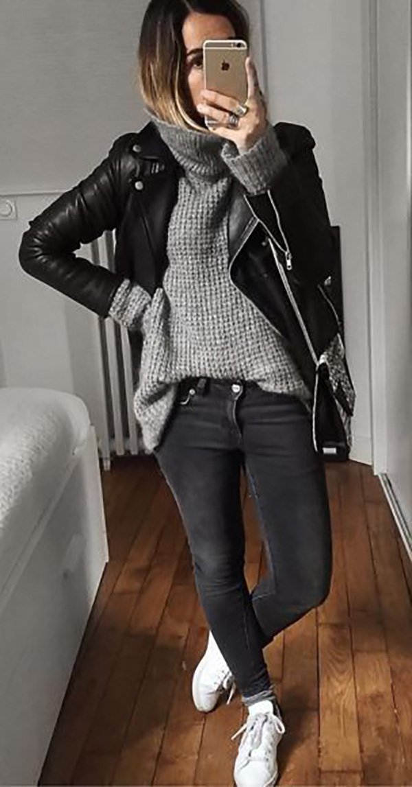look básico calça jeans, tricot e jaqueta de couro